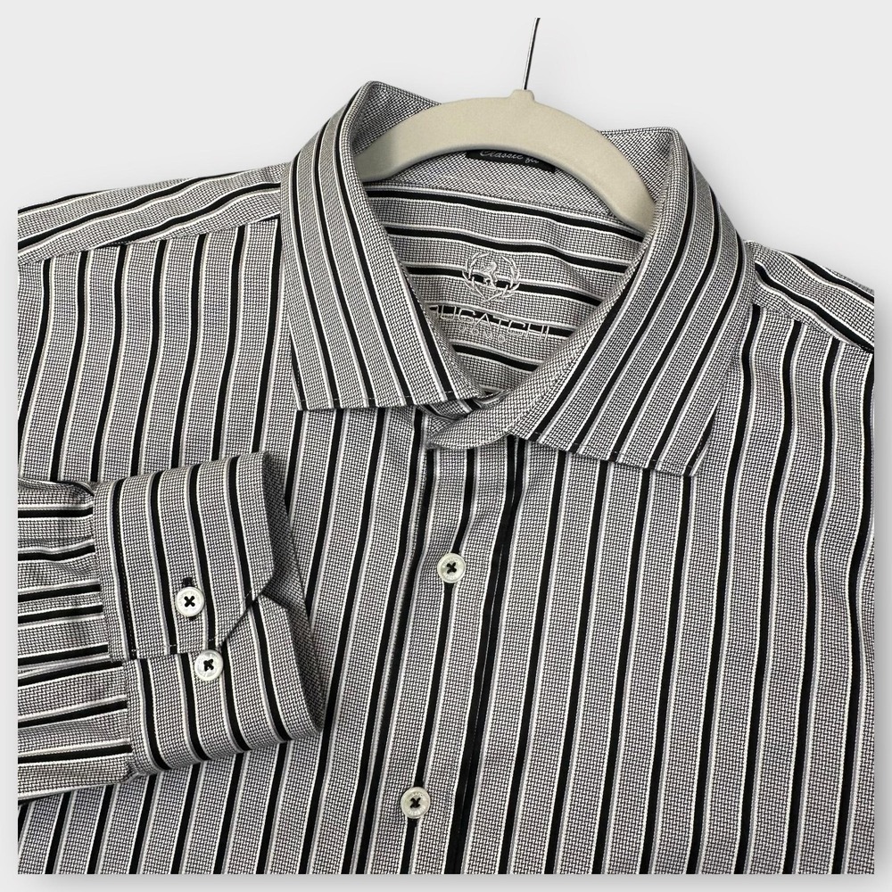 Bugatchi Shirt Mens XL Classic Fit Long Sleeve Black Gray Stripe Dress Casual
